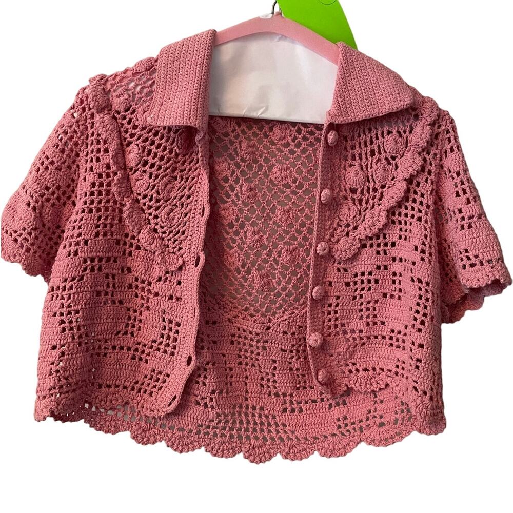 free people crochet cottagecore pink flower sweater - no size but fits XS